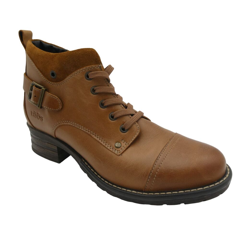 Taos Mini Crave Women's 9-9.5 Leather Zip Lace Ankle Boots Cognac Buckle Moto Bo